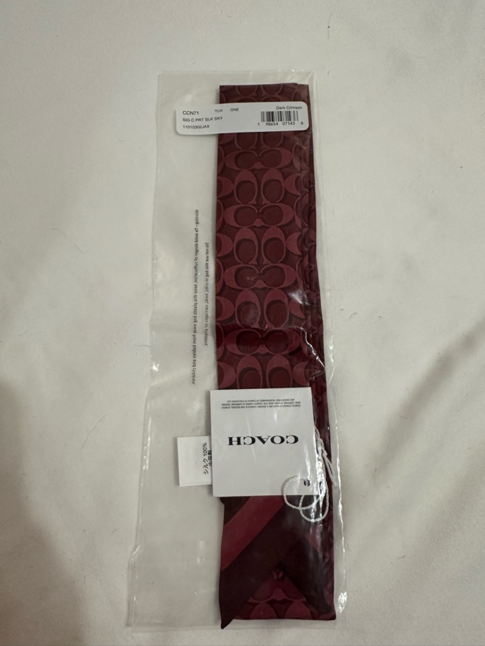 COACH DARK CRIMSON SIGNATURE C SILK SKINNY SCARF BAG TIE NWT - Picture 3 of 6